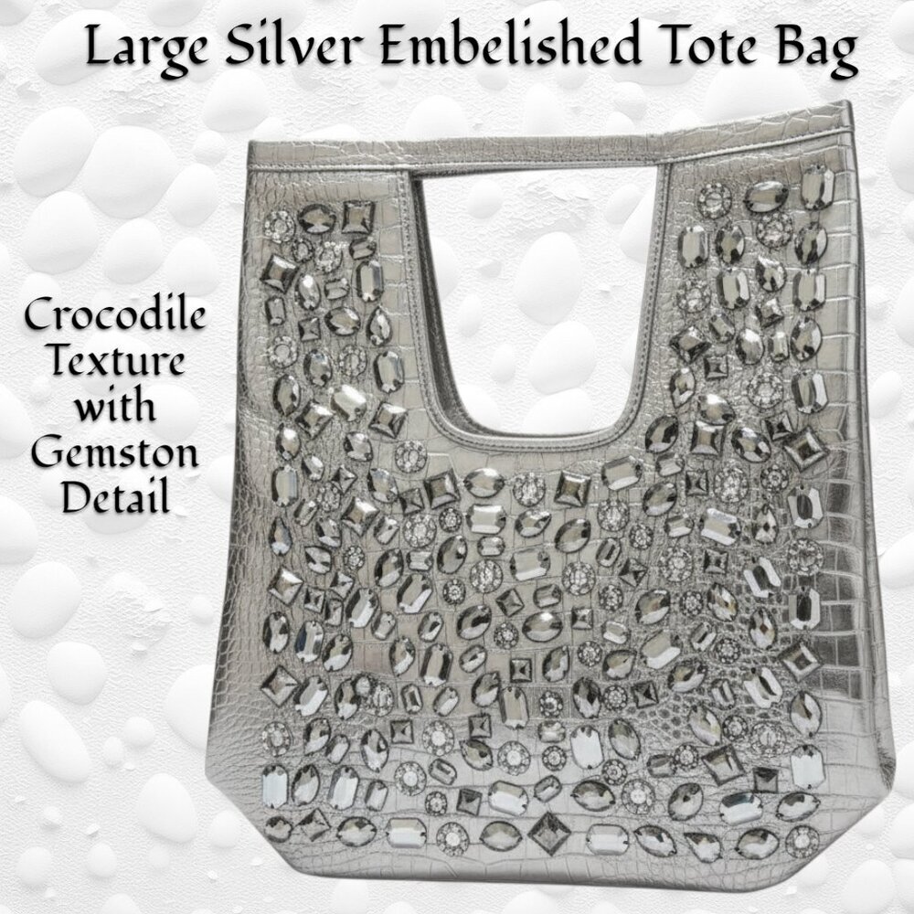 Oversized Silver Embellished Tote Bag, Crocodile Texture/Gemstone Detail